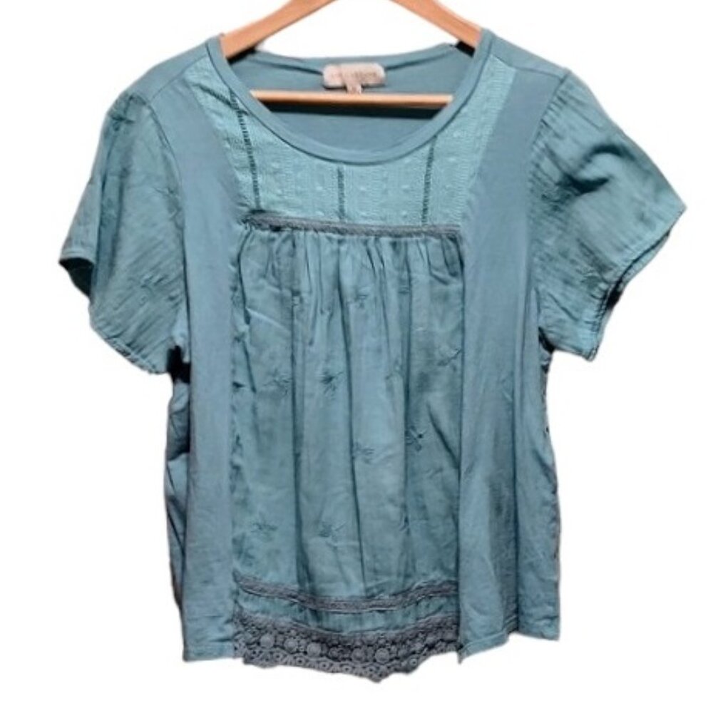 Live & Let Live Teal Crochet Babydoll Top 1X